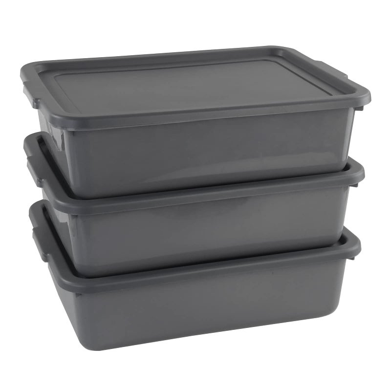 Nicesh 3-Pack 13 L Plastic Commercial Bus Tub, Gray Bus Box with Lid - Image 1